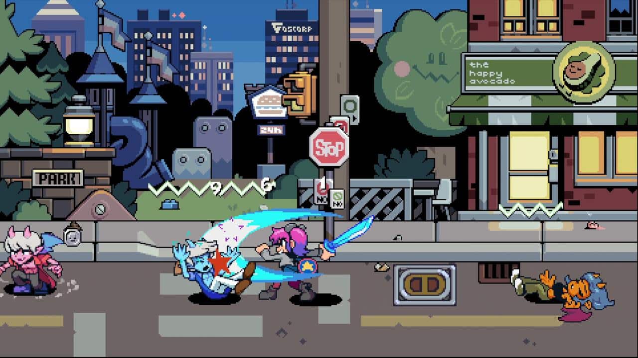 Pixel-art street fight scene inspired by Scott Pilgrim EX, featuring colorful characters, blue slash effects, and city buildings in the background.
