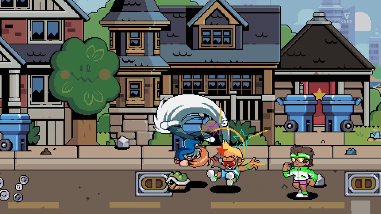 Cartoon characters brawl on a suburban street in front of a house, with animated action effects inspired by Scott Pilgrim EX.