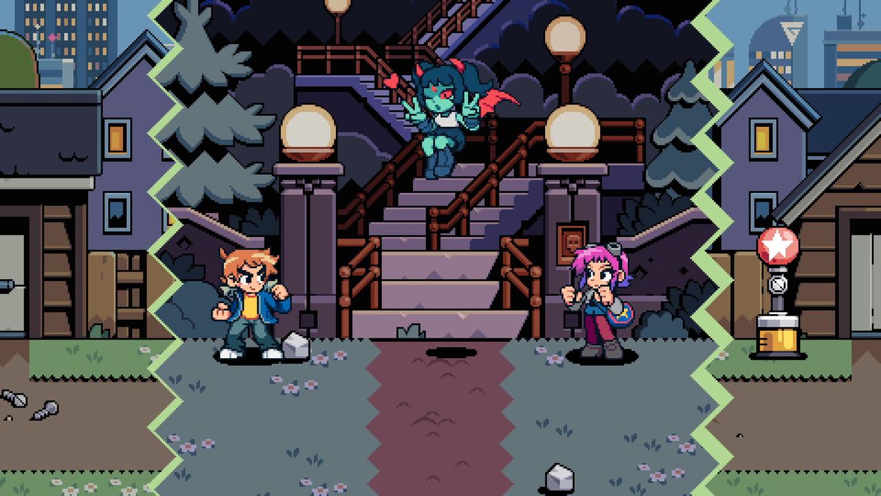 Three pixel art characters face off in front of stairs and houses at night, channeling Scott Pilgrim EX vibes as they get ready to battle.