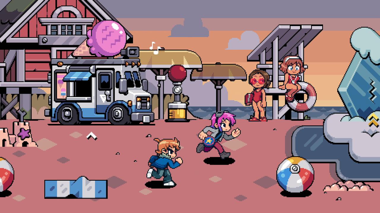 Pixel art scene inspired by Scott Pilgrim EX, featuring two characters running on a beach past an ice cream truck, people, and vibrant beach items.