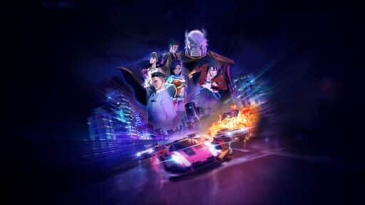 Animated characters above a cityscape, sports cars racing below with flames and neon lights in the background from the video game Screamer.