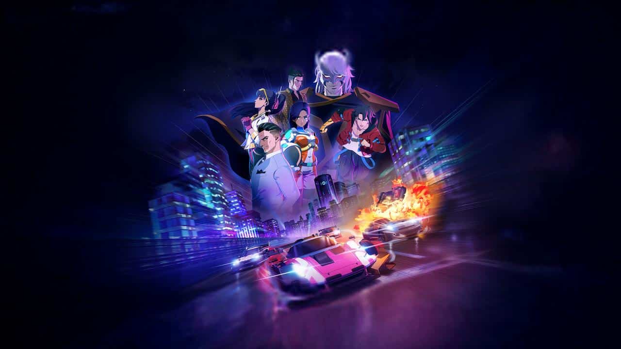 Animated characters above a cityscape, sports cars racing below with flames and neon lights in the background from the video game Screamer.