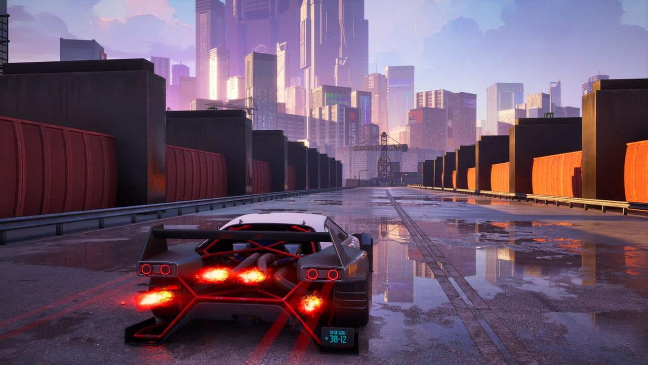 From the video game screamer, a sports car with glowing taillights speeds down a wet city street lined with orange barriers.