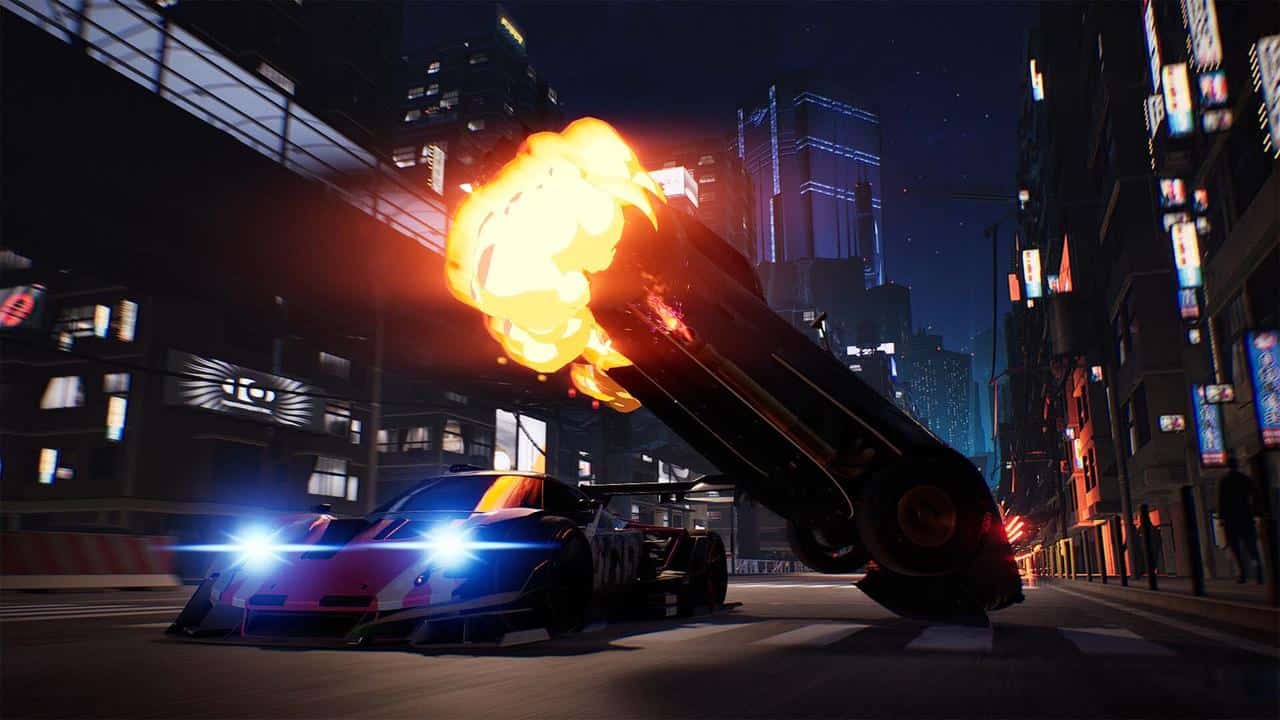 From the video game Screamer, a race car speeds through a city at night as another car flips with a fiery explosion.