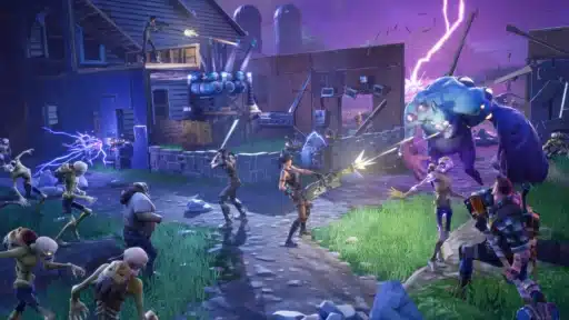 Video game scene with characters battling zombies and a giant monster in a colorful, electric environment.