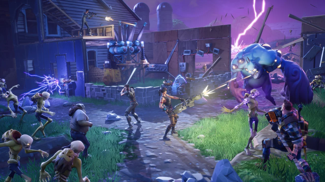 Video game scene with characters battling zombies and a giant monster in a colorful, electric environment.