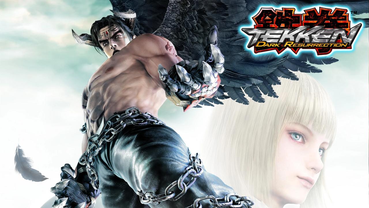 Shirtless man with wings and chains poses fiercely; logo reads "Tekken: Dark Resurrection" with a woman's face behind.