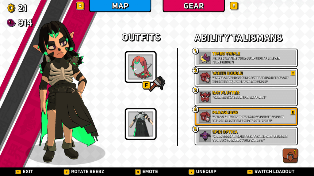 A character with green and black hair styled in a punk fashion, wearing a skeleton-themed outfit, displayed alongside outfit options and ability talismans in a game interface.