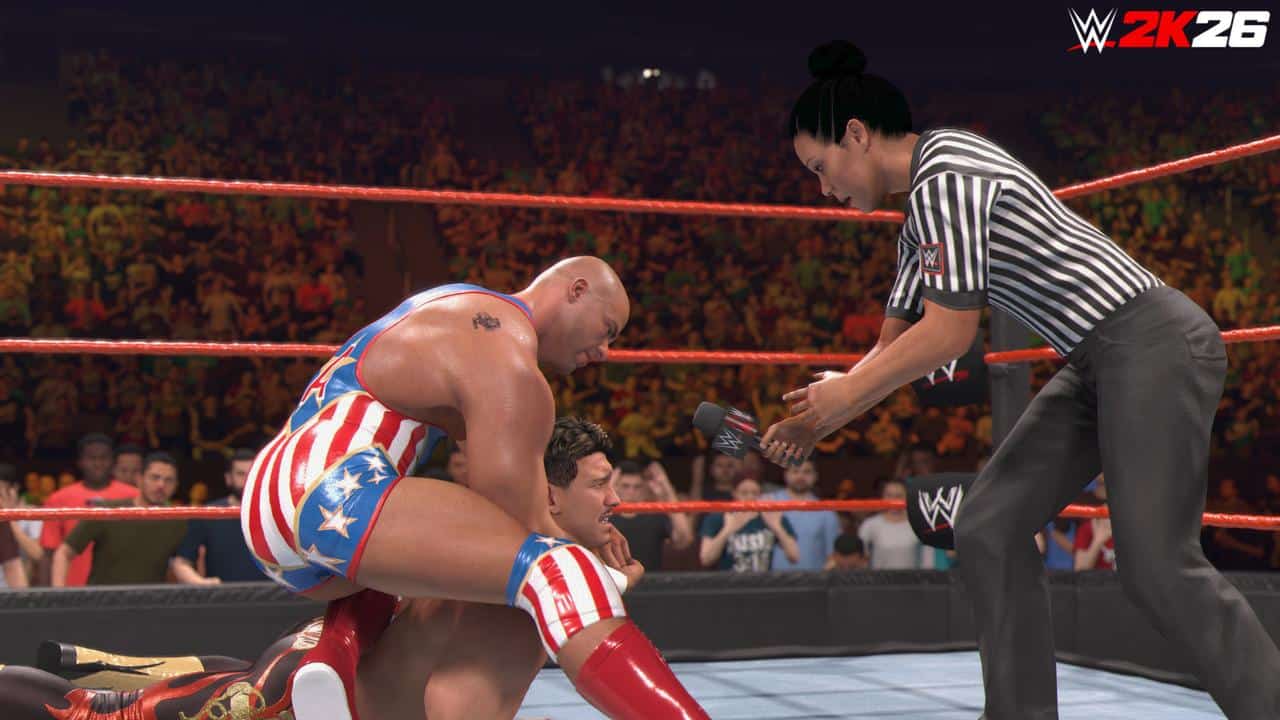 Kurt Angel pins his opponent as the referee checks on them in an authentic WWE 2K26 I Quit match.