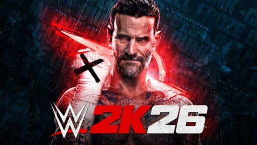 CM Punk stands behind the bold WWE 2K26 logo, set against a dynamic red and blue background.