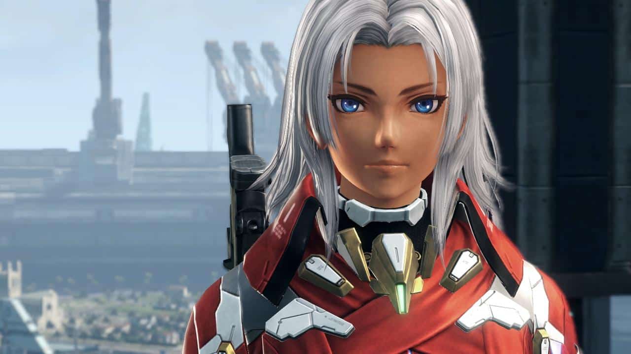 A silver-haired character with purple eyes wearing futuristic red armor stands in a sci-fi cityscape, reminiscent of the epic style seen in Xenoblade Chronicles X: Definitive Edition – Nintendo Switch 2 Edition.