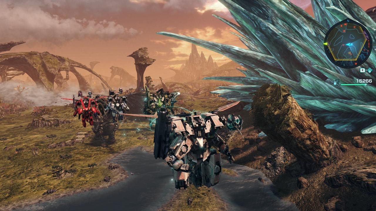 Four mechs soar over a river in an alien landscape with massive crystal formations and rocky arches in Xenoblade Chronicles X: Definitive Edition – Nintendo Switch 2 Edition.