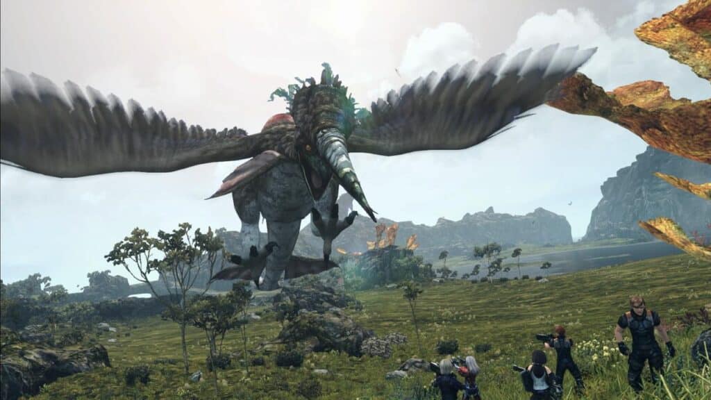 A giant bird-like creature with large wings flies over a grassy landscape as four people look up at it, evoking the awe-inspiring world of Xenoblade Chronicles X: Definitive Edition – Nintendo Switch 2 Edition.