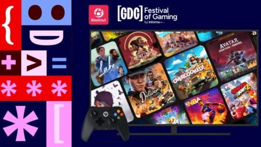 Blacknut GDC 2026 graphic showing Smart TV cloud gaming with game tiles and controller.
