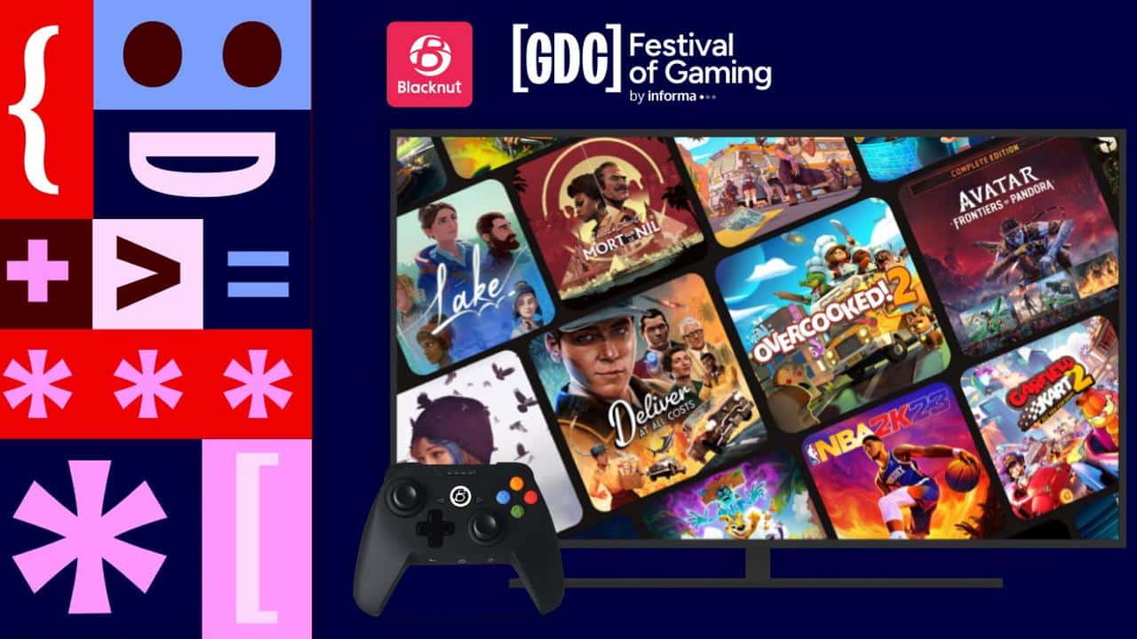 Blacknut GDC 2026 graphic showing Smart TV cloud gaming with game tiles and controller.
