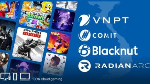 Promotional graphic for Blacknut’s Vietnam cloud gaming launch showing VNPT, COMIT, Blacknut, and Radian Arc logos beside game cover art and device icons.