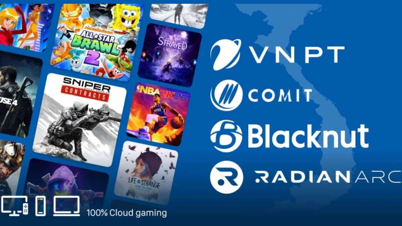 Promotional graphic for Blacknut’s Vietnam cloud gaming launch showing VNPT, COMIT, Blacknut, and Radian Arc logos beside game cover art and device icons.