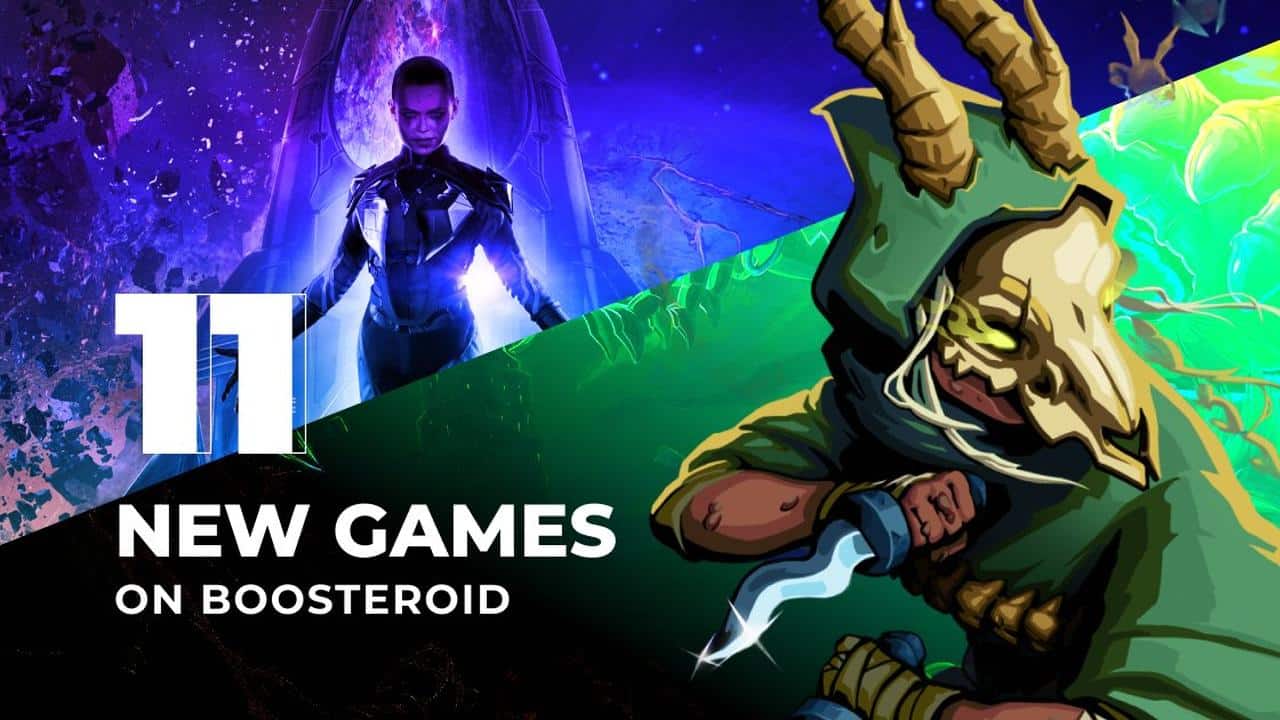 Split image with a sci-fi character on the left, fantasy character on the right, and text: "11 Boosteroid new games.