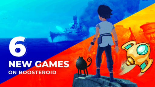 A boy and a cat stand on a rock; text reads "6 New Games on Boosteroid" with a ship and rocket in the background.