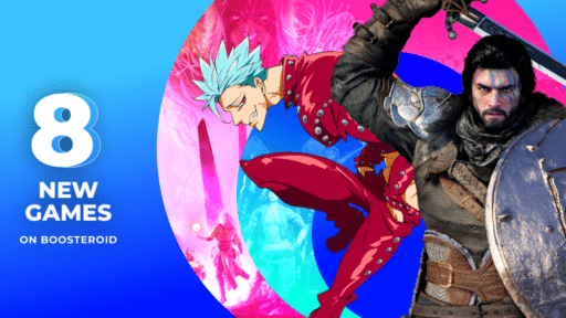 Three video game characters with text: "8 New Games on Boosteroid" on a blue background.