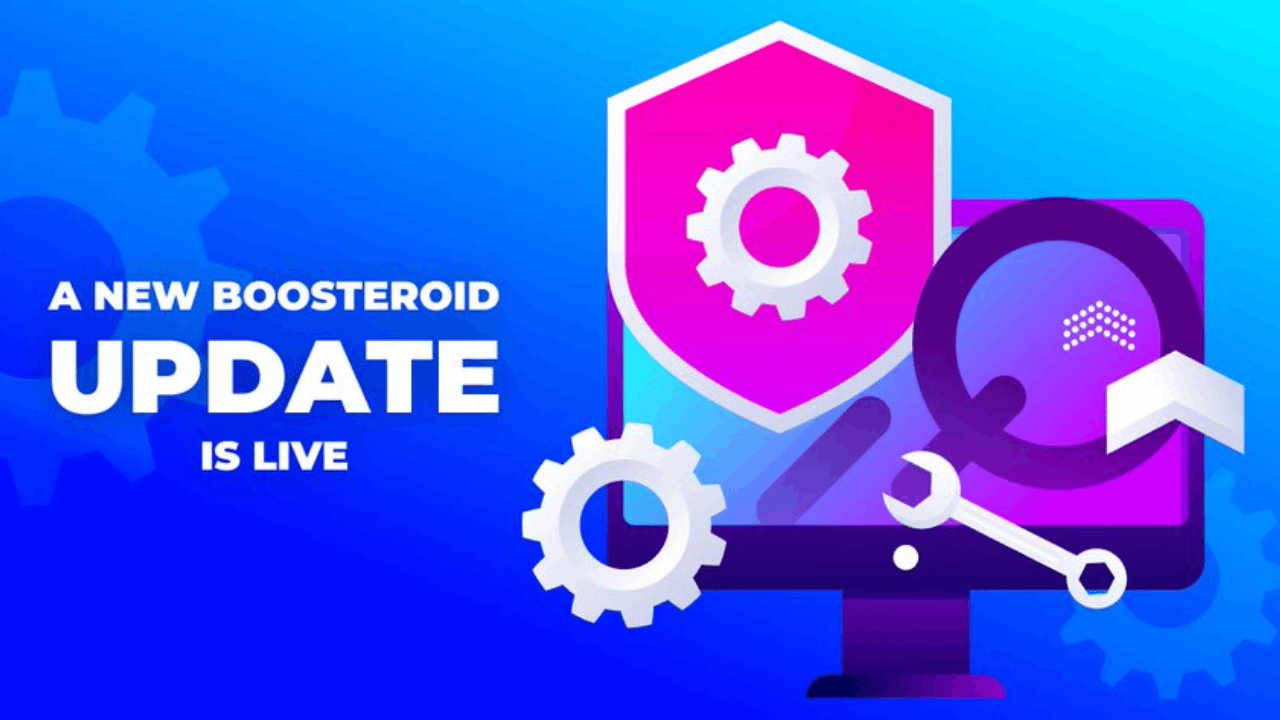 Computer screen with gears and shield, reading "A new Boosteroid update is live" on a blue background.