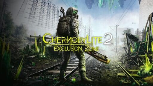 Chernobylite 2 Exclusion Zone key art showing an armoured soldier standing on overgrown railway tracks in a post-apocalyptic version of the Chornobyl Exclusion Zone.