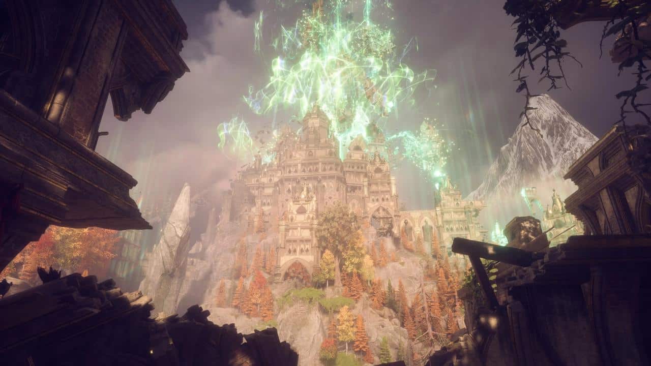 Dragon Age: The Veilguard screenshot showing a towering castle surrounded by glowing magical energy with upgraded PSSR on PS5 Pro.