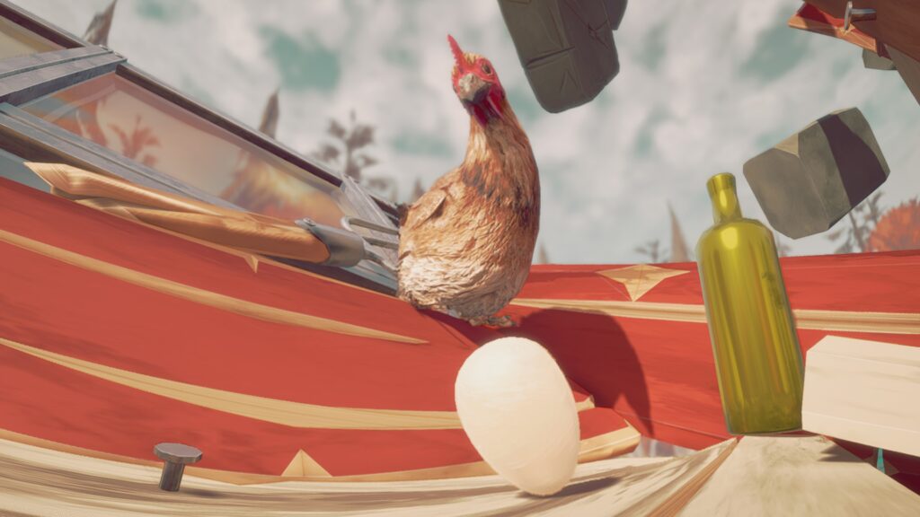 A chicken sits on a colorful structure with an egg and a green bottle nearby under a cloudy sky.