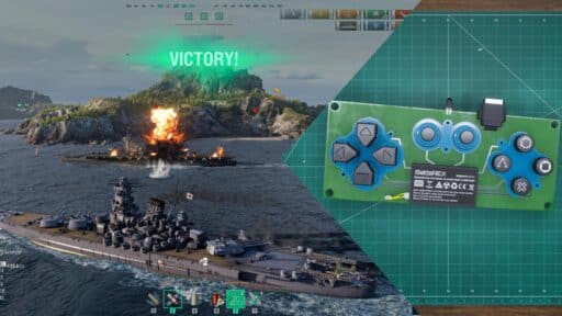 Electrician Simulator controller repair on a workbench alongside a World of Warships naval battle victory screen.