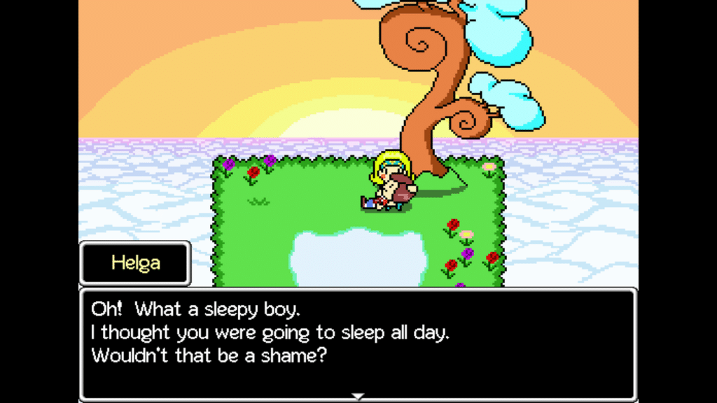 A character named Helga speaks to a sleepy boy on a grassy island surrounded by water, with a colorful sunset in the background and a tree with curly branches nearby.