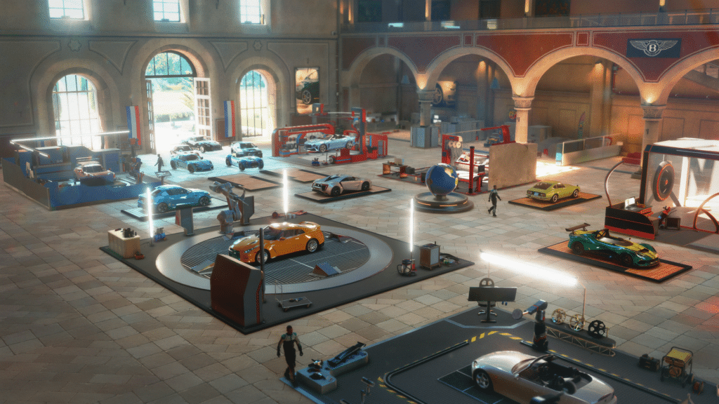 An indoor exhibition hall featuring various high-performance sports cars on display, with individuals interacting and examining the vehicles. The space is well-lit and has a modern, industrial aesthetic.