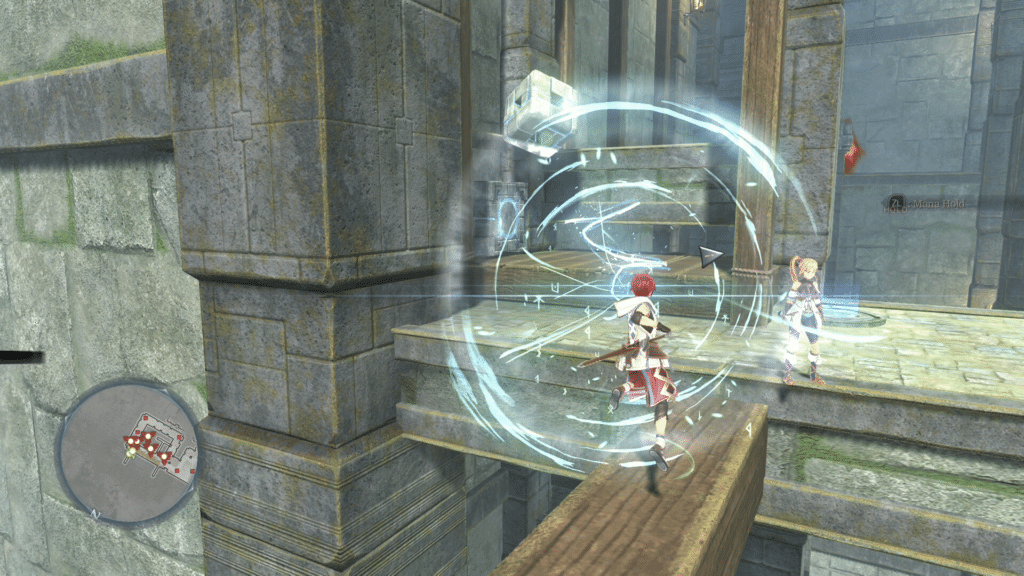 A player character uses a magical ability surrounded by glowing light effects in a fantasy game environment with stone architecture.