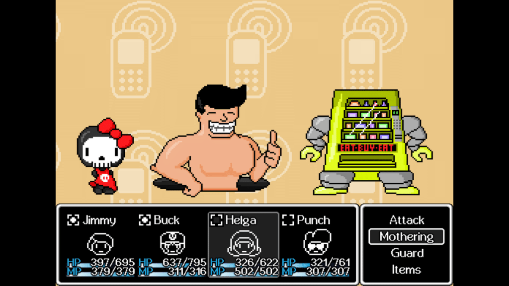 A colorful video game screen featuring four characters: a small cartoonish girl with a red bow, a muscular man giving a thumbs up, a robotic vending machine, and another character labeled 'Punch'. A menu at the bottom displays options like 'Attack', 'Guard', and 'Items'. The background is a light beige with cellphone graphics.
