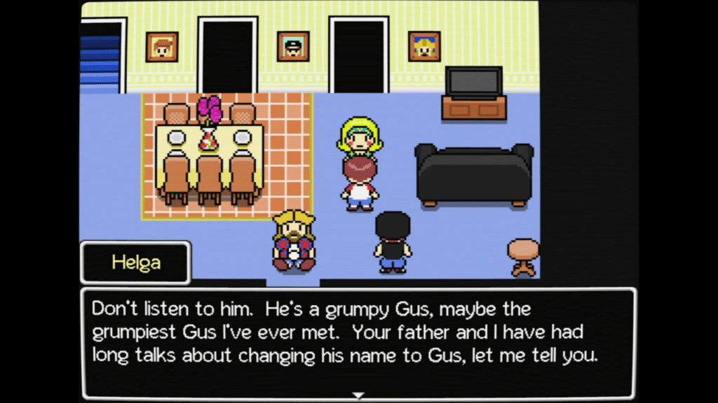 A scene from a video game featuring characters engaged in conversation in a living room setting. One character named Helga expresses her thoughts about another character named Gus, who is described as grumpy. The background includes a dining table, chairs, and a TV.