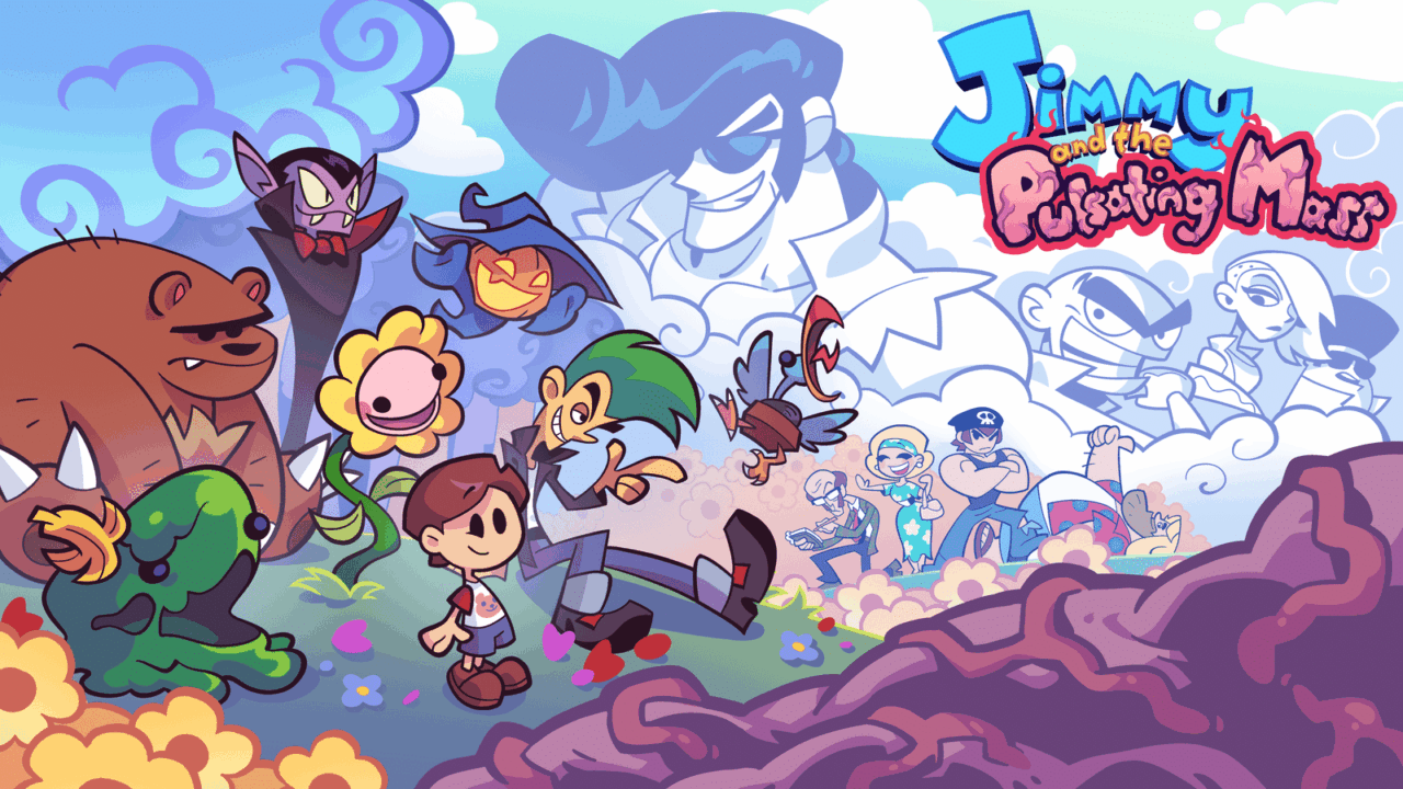 Cartoon kids and monsters play in a bright, colorful landscape; “Jimmy and the Pulsating Mass” is written on top.
