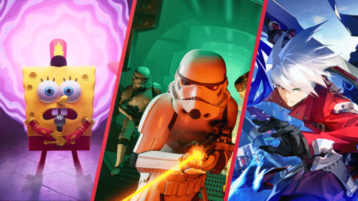 SpongeBob singing, Stormtroopers shooting, and an anime character with white hair and a sword, separated by red lines.