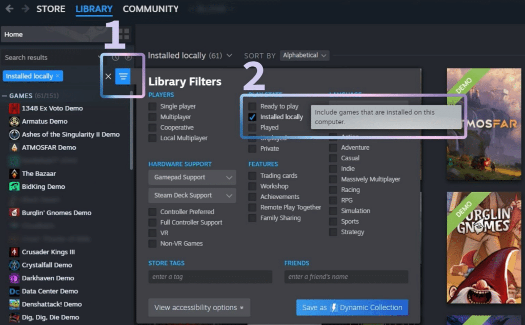 Screenshot of the Steam library interface showing installed games, filter options like 'Ready to play' and 'Installed locally', and game categories and features.