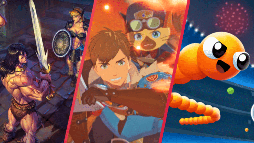 Split image of animated warrior, anime-style characters, and an orange worm in a sports arena.