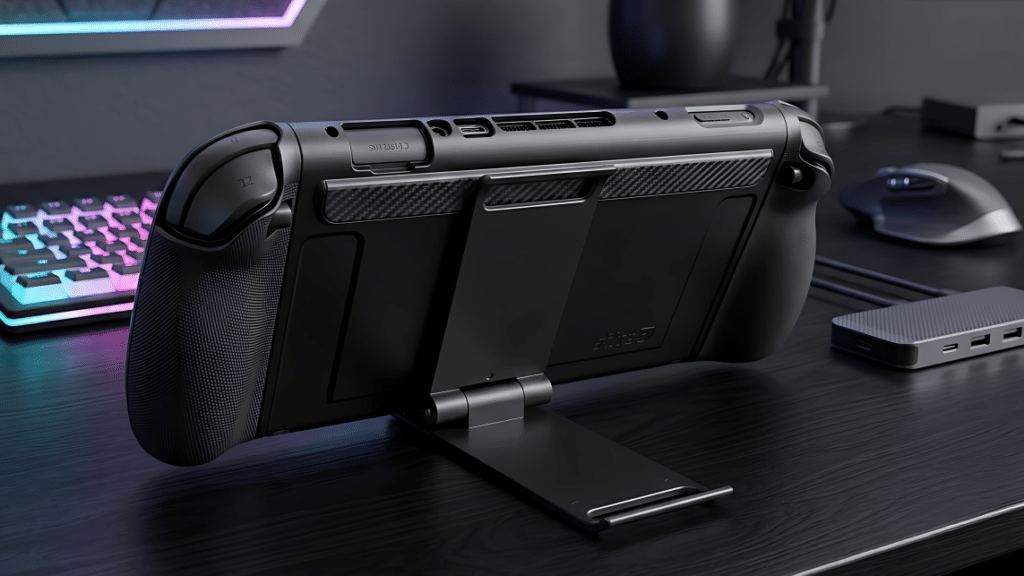 A gaming console with a stand, displaying the back view on a desktop with a keyboard and mouse in the background.