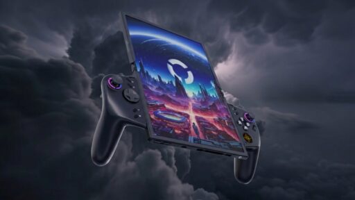 A handheld gaming console with a screen displaying a futuristic city, floating against a dark, cloudy sky.