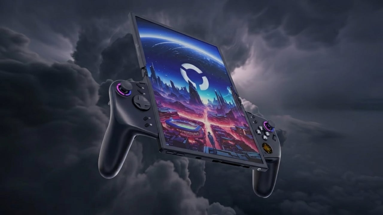 A handheld gaming console with a screen displaying a futuristic city, floating against a dark, cloudy sky.