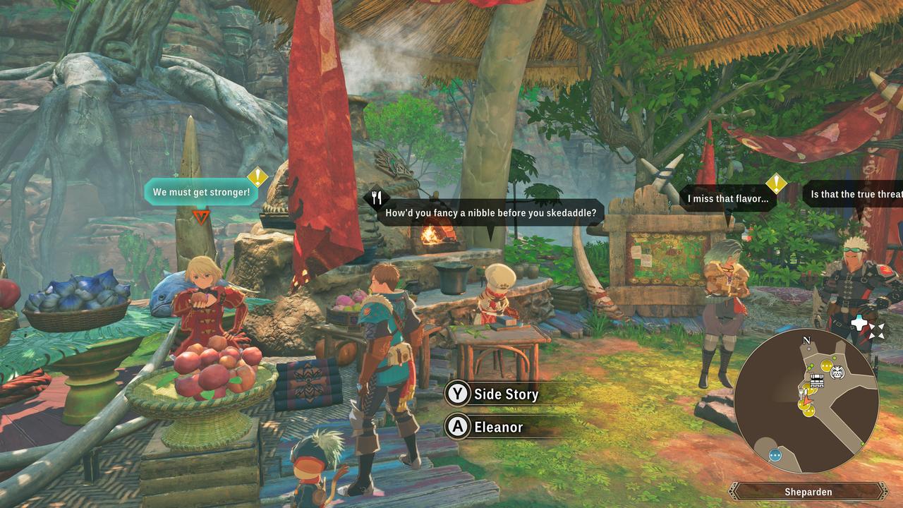 A village scene in Monster Hunter Stories 3: Twisted Reflection shows Leo near NPCs, side story prompts, and the area map.