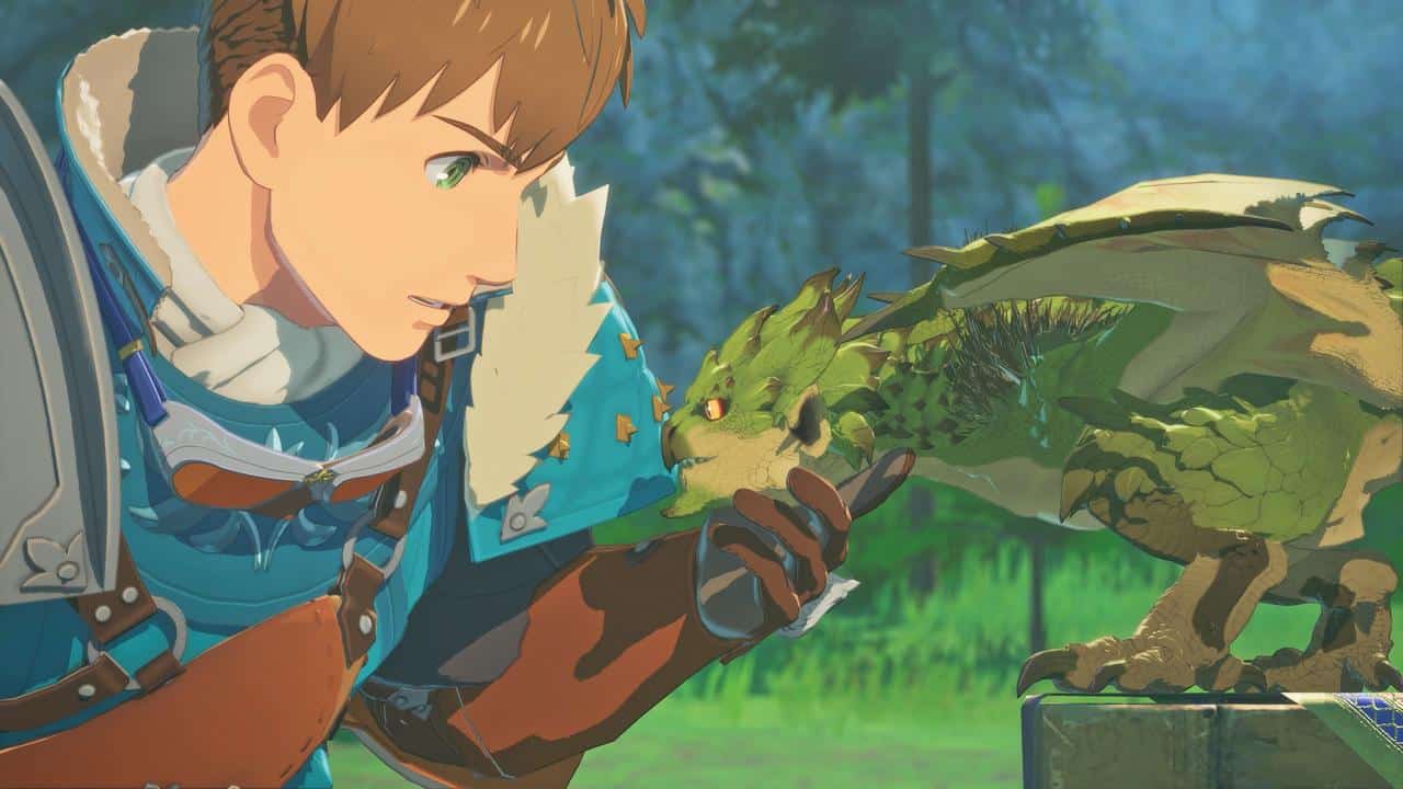 Leo faces a small green monster in a close-up scene from Monster Hunter Stories 3: Twisted Reflection.