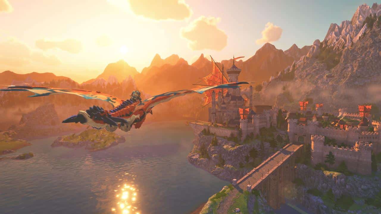 A Rider flies over a castle and lake at sunset in Monster Hunter Stories 3: Twisted Reflection.