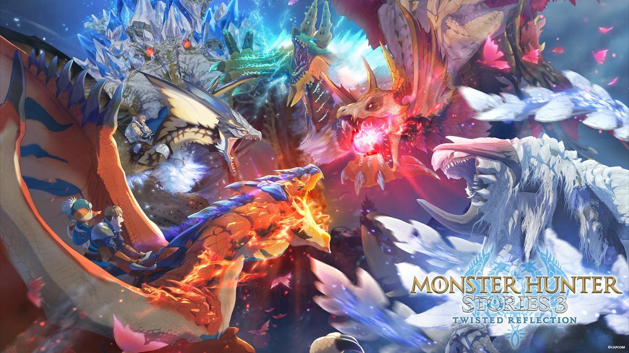 Key art for Monster Hunter Stories 3: Twisted Reflection showing multiple Riders and Monsties in a dramatic battle scene.