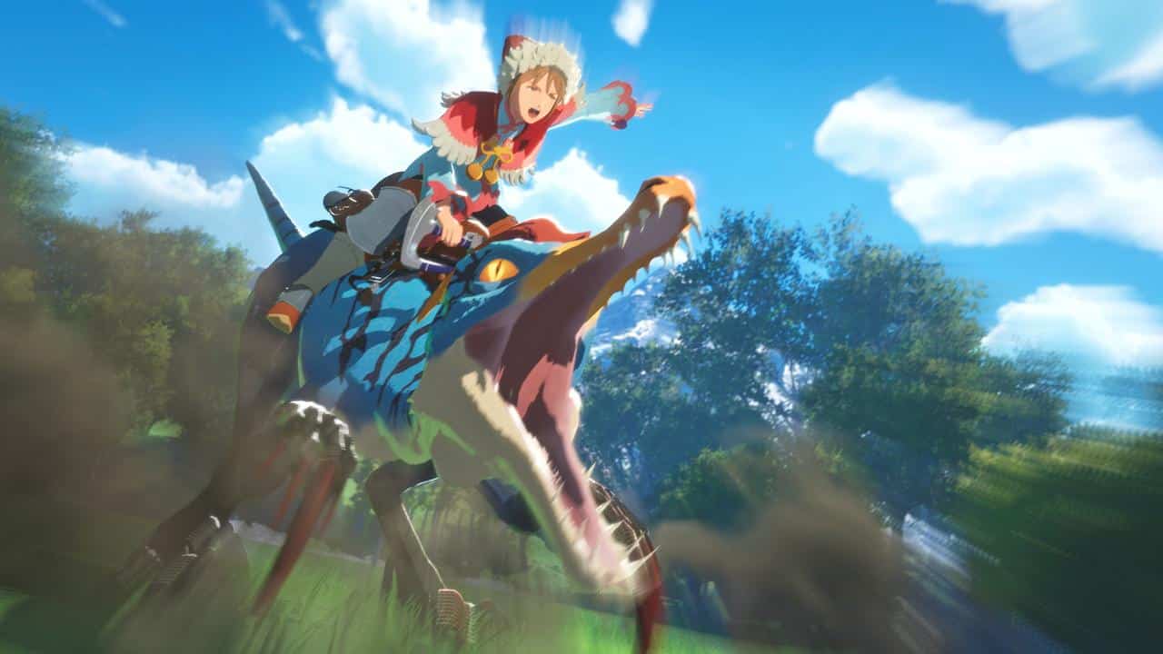 Leo rides a Velocidrome through a bright forest area in Monster Hunter Stories 3: Twisted Reflection.