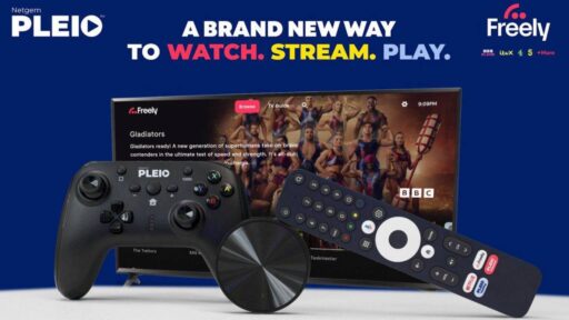 Netgem PLEIO cloud gaming image showing a TV, controller, remote, and streaming device with Freely branding.