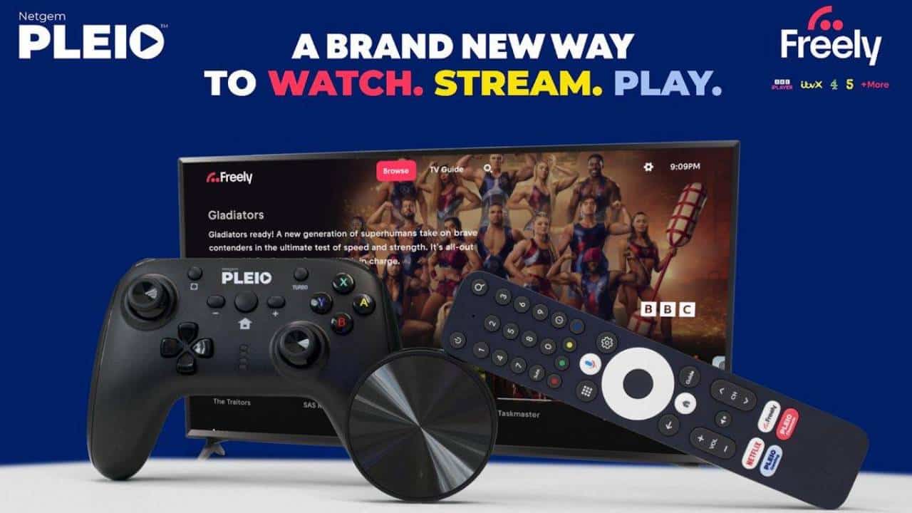 Netgem PLEIO cloud gaming image showing a TV, controller, remote, and streaming device with Freely branding.