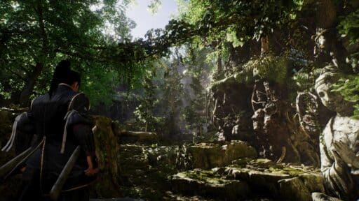 Nioh 3 screenshot showing detailed forest environment with upgraded PSSR upscaling on PS5 Pro.