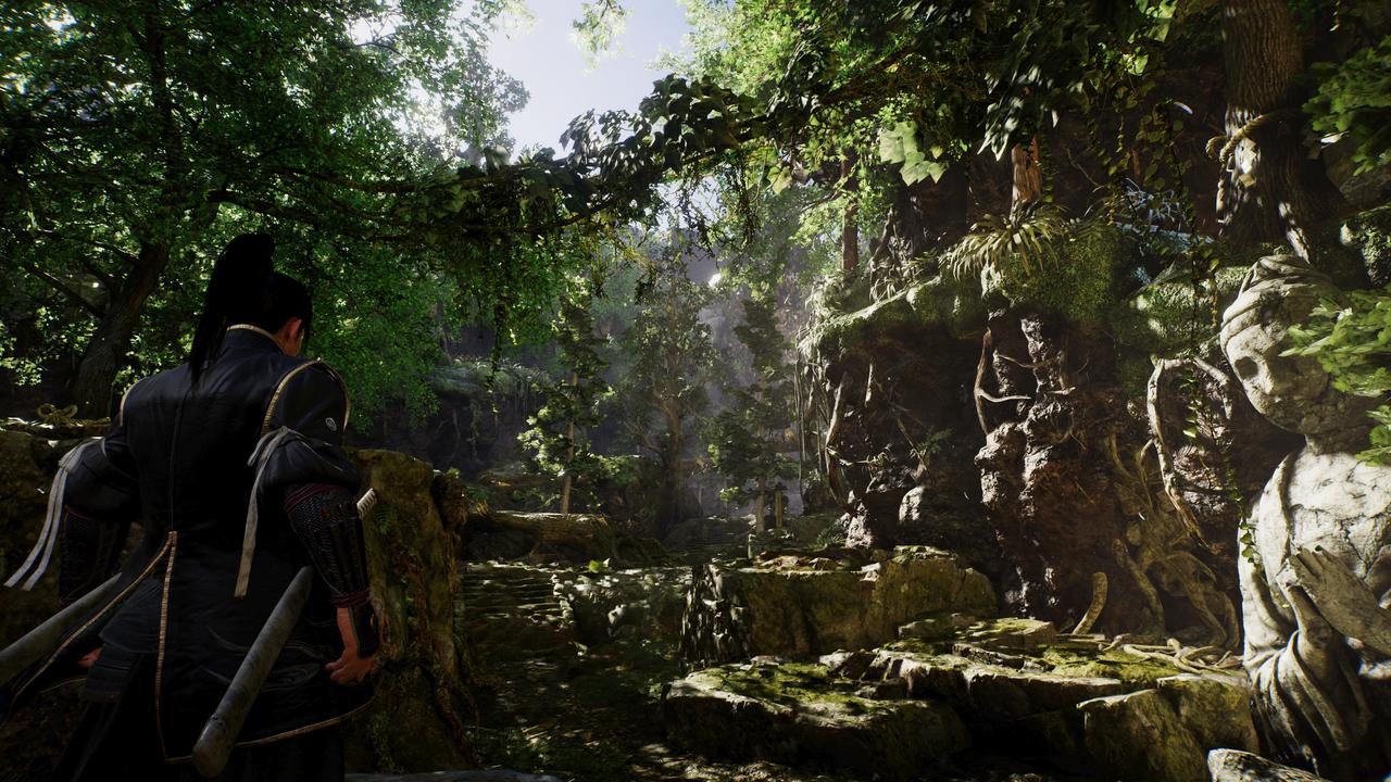 Nioh 3 screenshot showing detailed forest environment with upgraded PSSR upscaling on PS5 Pro.